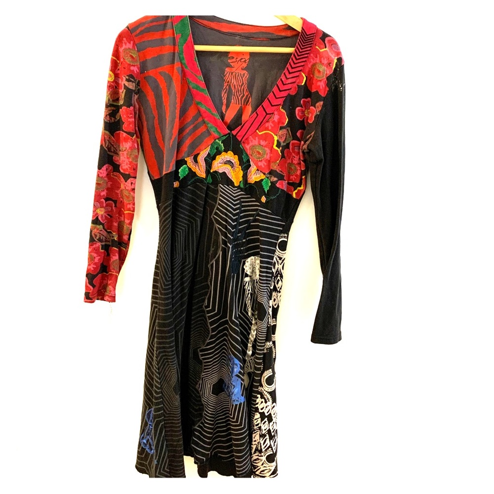 Desigual funky embroidered v neck dress